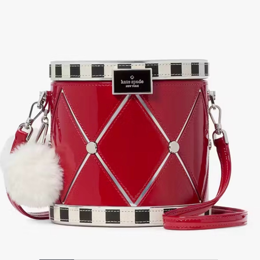 Kate Spade Drum Crossbody Bag – Red Patent Leather, Faux Fur Pom Pom, Sold Out!
